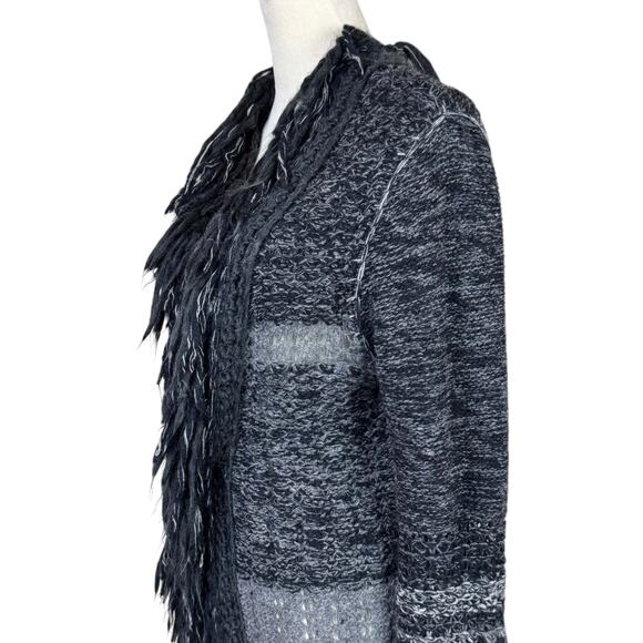Free People Black & Gray Fringe Knit Wool Blend Open Long Cardigan Coatigan - Picture 6 of 12